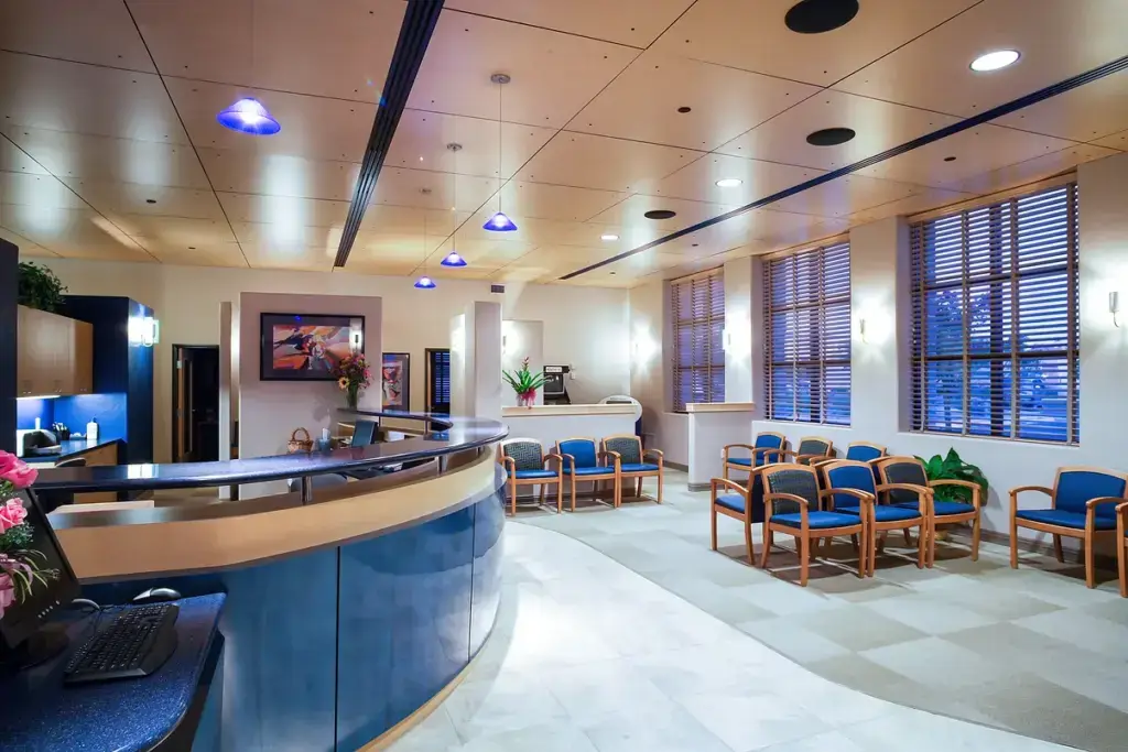 The interior waiting room of a medical clinic designed by Seaver Franks architecture firm